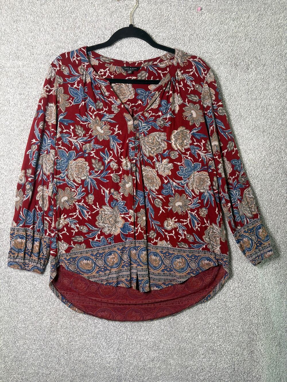 Lucky Brand L Boho Floral Paisley Peasant Blouse Burgundy